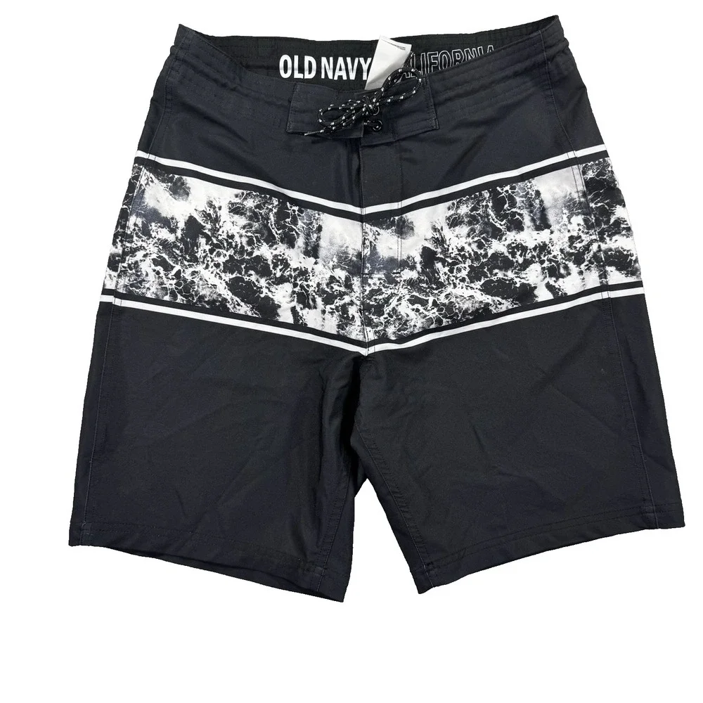 Old Navy Board Shorts Mens 30 Black White Graphic Wave Print Surf Swim Trunks